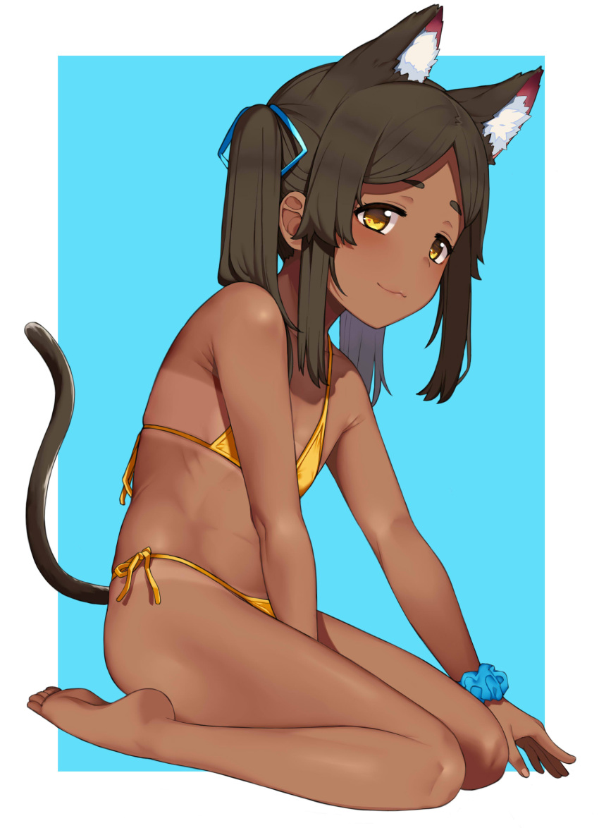 1girl :3 absurdres animal_ears bangs bare_legs barefoot between_legs bikini brown_hair cat_ears cat_tail closed_mouth dark_skin extra_ears fanbox_reward flat_chest hai_ookami hair_ribbon hand_between_legs highres medium_hair original outside_border paid_reward parted_bangs ribbon scrunchie seiza side-tie_bikini sidelocks simple_background sitting smile solo string_bikini swimsuit tail twintails wrist_scrunchie yellow_bikini yellow_eyes