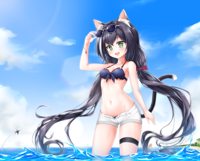 1girl :d animal_ear_fluff animal_ears arm_up armpits bangs bare_shoulders bikini bikini_under_clothes black_bikini black_hair blue_sky blush breasts cat_ears cat_girl cat_tail cleavage clouds collarbone day eyewear_on_head green_eyes gukukimu highres kyaru_(princess_connect) long_hair looking_at_viewer low_twintails multicolored_hair ocean open_clothes open_fly open_mouth open_shorts outdoors princess_connect!_re:dive short_shorts shorts sky smile solo streaked_hair sunglasses swimsuit swordfish tail thigh_strap twintails upper_teeth very_long_hair wading water white-framed_eyewear white_hair