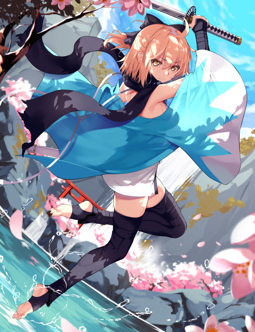 1girl ahoge aoi_(buzhuen444) arm_guards black_bow black_legwear black_scarf blonde_hair bow cherry_blossoms day fate/grand_order fate_(series) full_body hair_bow half_updo highres holding holding_sword holding_weapon japanese_clothes katana kimono okita_souji_(fate) okita_souji_(fate)_(all) outdoors scarf shinsengumi short_kimono sky sleeveless sleeveless_kimono solo stirrup_legwear sword thigh-highs toeless_legwear torii tree tree_branch weapon white_kimono yellow_eyes