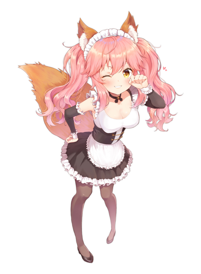 1girl absurdres animal_ear_fluff animal_ears apron bangs black_footwear black_skirt black_sleeves blush brown_eyes brown_legwear commentary_request detached_sleeves eyebrows_visible_through_hair fate/extra fate_(series) foreign_blue fox_ears fox_girl fox_tail frilled_apron frilled_skirt frilled_sleeves frills full_body grin hair_between_eyes highres long_hair long_sleeves maid maid_headdress one_eye_closed pantyhose pink_hair shirt shoes simple_background skirt sleeveless sleeveless_shirt smile solo standing tail tamamo_(fate)_(all) tamamo_no_mae_(fate) twintails white_apron white_background white_shirt