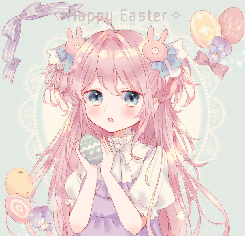 1girl :o ahoge aqua_background azarashi6 bangs bird blue_bow blue_eyes blush bow bunny_hair_ornament chick commentary dress easter easter_egg egg eyebrows_visible_through_hair flower hair_bow hair_ornament highres holding_egg lace_background light_particles long_hair neck_ribbon original pinafore_dress pink_bow pink_hair puffy_short_sleeves puffy_sleeves purple_dress purple_flower ribbon shiny shiny_hair shirt short_sleeves solo tareme two_side_up upper_body white_ribbon white_shirt