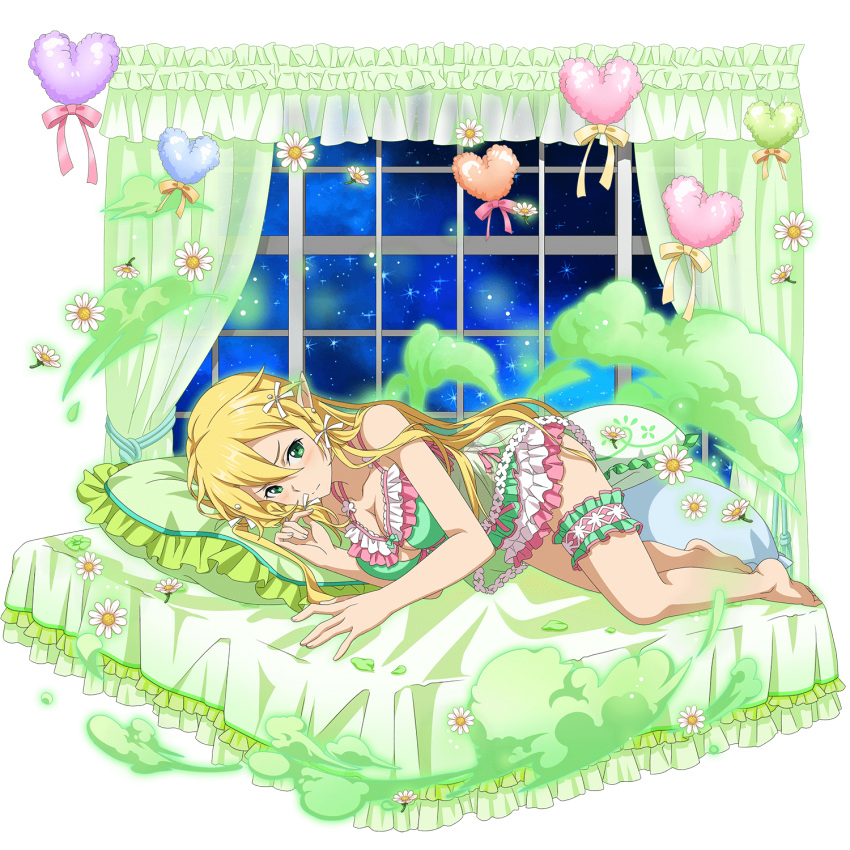 1girl barefoot bed blonde_hair breasts cleavage collarbone daisy elf flower green_eyes hair_between_eyes hair_ribbon heart highres leafa long_hair looking_at_viewer lying medium_breasts night night_sky official_art on_side pink_ribbon pointy_ears ribbon shiny shiny_hair sky soles solo sparkle star_(sky) starry_sky steam sword_art_online transparent_background very_long_hair white_flower white_ribbon