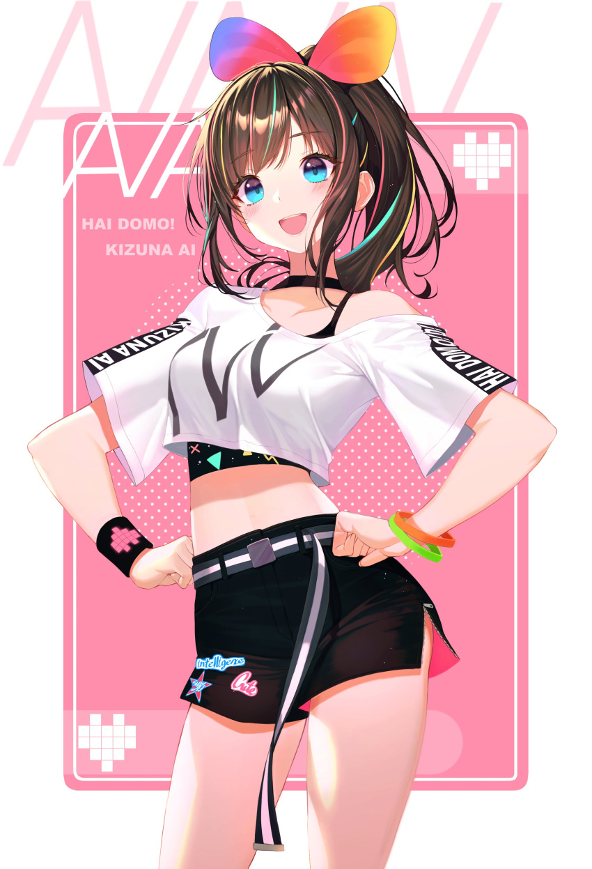 1girl :d a.i._channel absurdres bangs bare_shoulders belt blonde_hair blue_eyes blush bow breasts brown_hair crop_top eyebrows_visible_through_hair hairband hands_on_hips highres kizuna_ai long_hair looking_at_viewer medium_breasts multicolored_hair open_mouth pink_hair pink_hairband ponytail pro-p shorts smile solo streaked_hair thigh-highs virtual_youtuber wristband