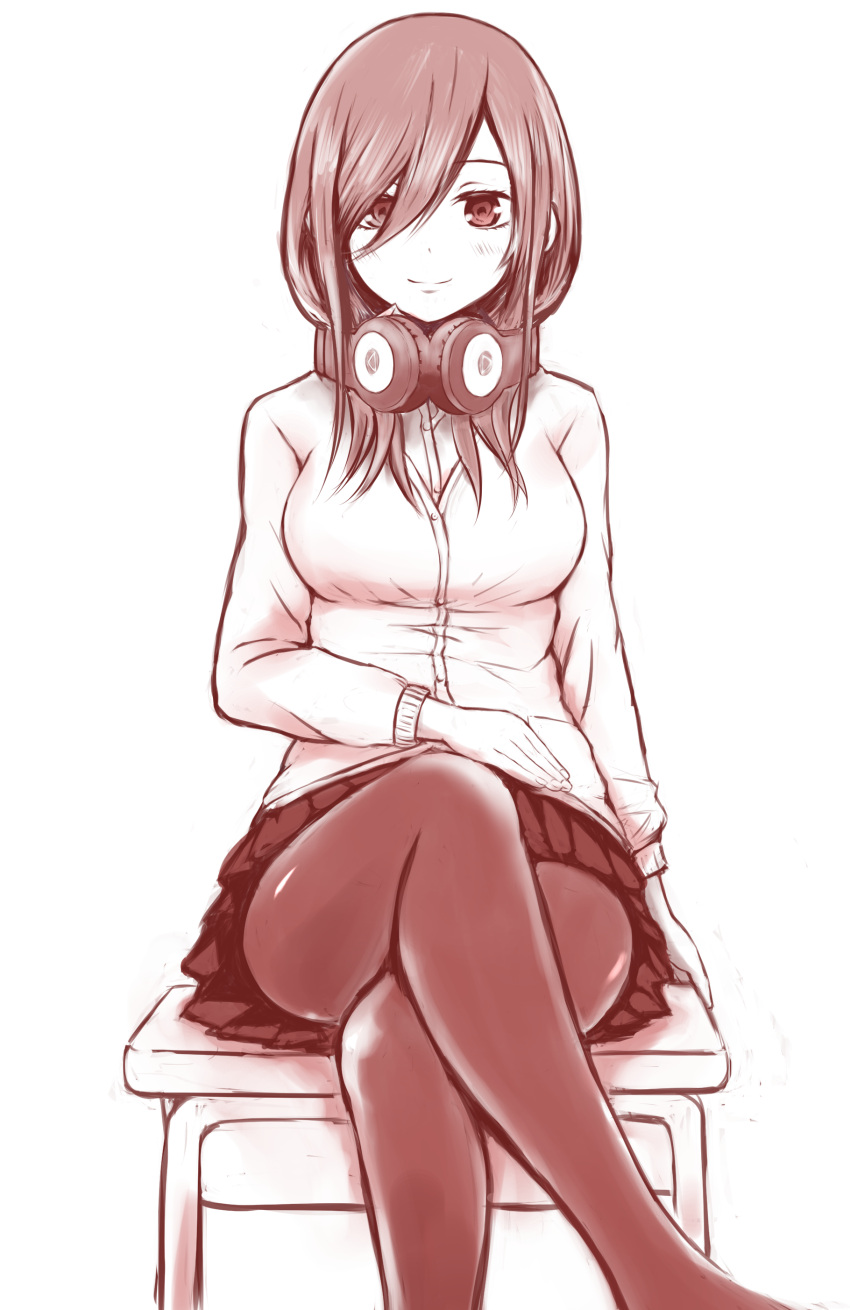 1girl 63kimp absurdres bangs blush breasts cardigan closed_mouth desk go-toubun_no_hanayome hair_between_eyes headphones headphones_around_neck highres large_breasts legs_crossed long_hair looking_at_viewer monochrome nakano_miku pantyhose pleated_skirt sitting skirt smile