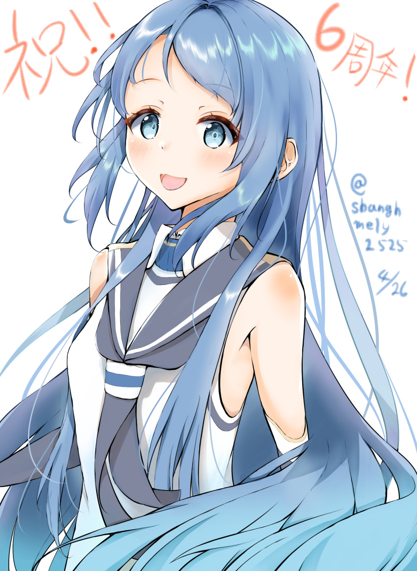 1girl artist_name bangs blue_eyes blue_gloves blue_hair blue_neckwear blush commentary_request elbow_gloves eyebrows_visible_through_hair gloves hair_over_shoulder highres kantai_collection long_hair looking_at_viewer neckerchief open_mouth samidare_(kantai_collection) shanghmely simple_background sleeveless smile solo swept_bangs upper_body very_long_hair white_background white_serafuku