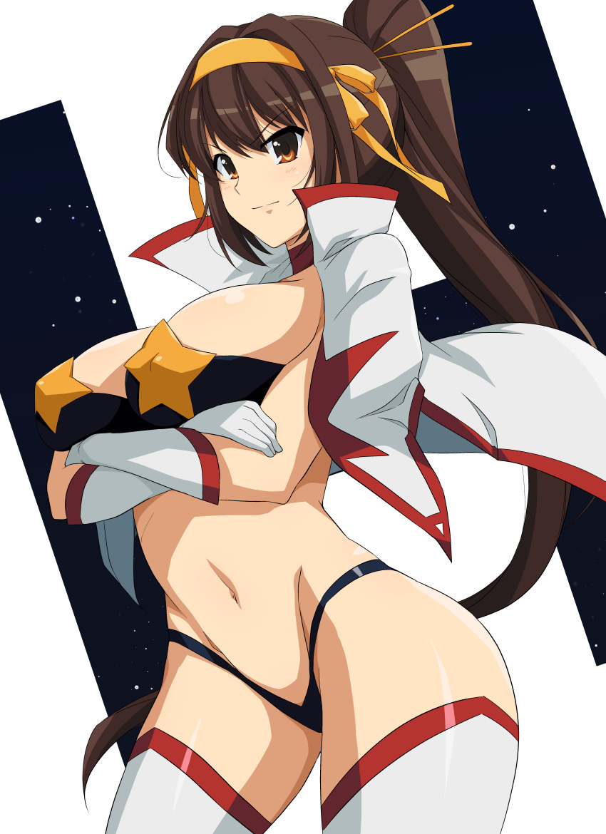 1girl absurdres bangs bikini_top boots breasts brown_eyes brown_hair cosplay crossed_arms gloves hair_ornament haruhisky highres large_breasts long_hair ponytail solo space_yoko standing suzumiya_haruhi suzumiya_haruhi_no_yuuutsu tengen_toppa_gurren_lagann thigh-highs thigh_boots yoko_littner yoko_littner_(cosplay)