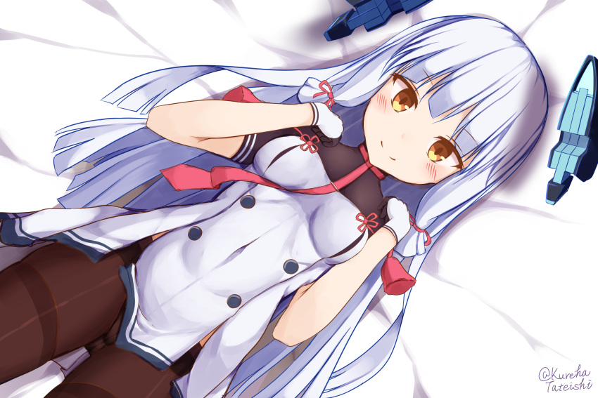 1girl absurdres ass_visible_through_thighs bangs bed_sheet blush breasts brown_eyes brown_legwear closed_mouth commentary_request dress eyebrows_visible_through_hair gloves hamayuu_(litore) hands_up headgear highres kantai_collection long_hair looking_at_viewer lying medium_breasts murakumo_(kantai_collection) on_back panties panties_under_pantyhose pantyhose remodel_(kantai_collection) short_sleeves silver_hair smile solo thighband_pantyhose twitter_username underwear very_long_hair white_dress white_gloves