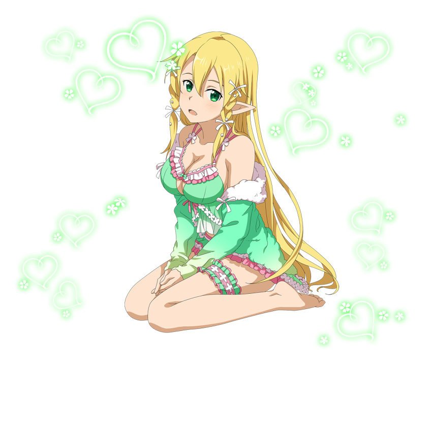 1girl barefoot blonde_hair breasts cardigan cleavage clothes_down collarbone elf full_body fur-trimmed_cardigan green_eyes hair_between_eyes highres leafa long_hair looking_at_viewer medium_breasts open_cardigan open_clothes pointy_ears shiny shiny_hair sideboob sitting soles solo sword_art_online thigh_strap transparent_background very_long_hair wariza white_cardigan