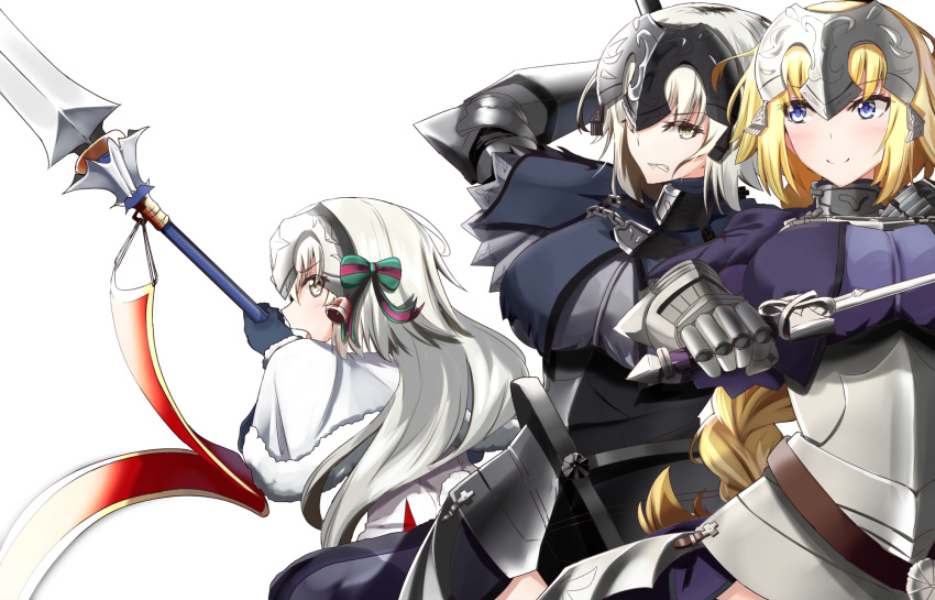 3girls angry armor armored_dress blonde_hair blue_eyes blush breasts capelet commentary_request fate/grand_order fate_(series) fur-trimmed_capelet fur_trim gauntlets green_ribbon hair_ribbon headpiece highres holding holding_spear holding_sword holding_weapon jeanne_d'arc_(alter)_(fate) jeanne_d'arc_(fate) jeanne_d'arc_(fate)_(all) jeanne_d'arc_alter_santa_lily large_breasts long_hair looking_at_viewer multiple_girls ninoude_(ninoude44) polearm red_ribbon ribbon short_hair silver_hair smile spear striped striped_ribbon sword weapon yellow_eyes