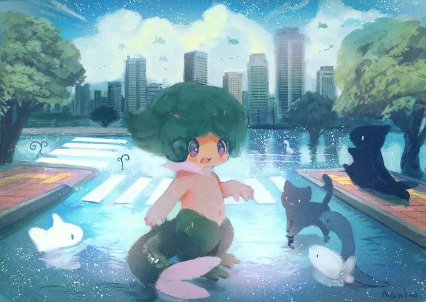 1boy animal black_cat building cat child cityscape clouds commentary_request crosswalk fantasy fish fish_tail flying_fish green_hair male_focus manino_(mofuritaionaka) monster_boy navel night night_sky open_mouth original road shirtless signature sky skyline skyscraper smile solo star_(sky) starry_sky tail tree