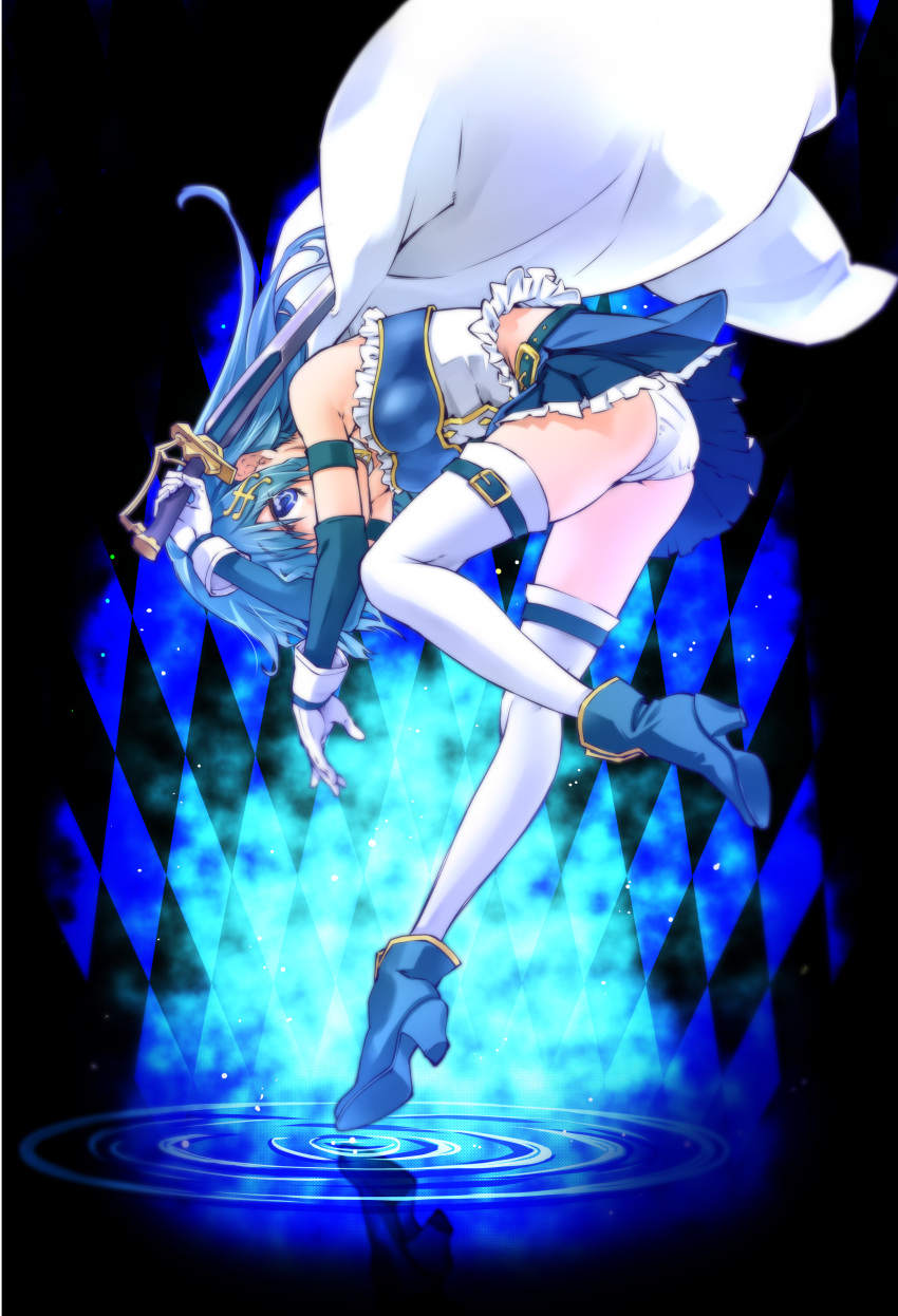 1girl absurdres alternate_hair_length alternate_hairstyle armband bare_shoulders belt blue_eyes blue_hair boots cape frills gloves hair_ornament hairclip high_heel_boots high_heels highres leg_belt long_hair magical_girl mahou_shoujo_madoka_magica mahou_shoujo_madoka_magica_movie miki_sayaka musical_note_hair_ornament panties pantyshot ripples solo suzuki24 sword thigh-highs underwear water weapon white_gloves white_panties zettai_ryouiki