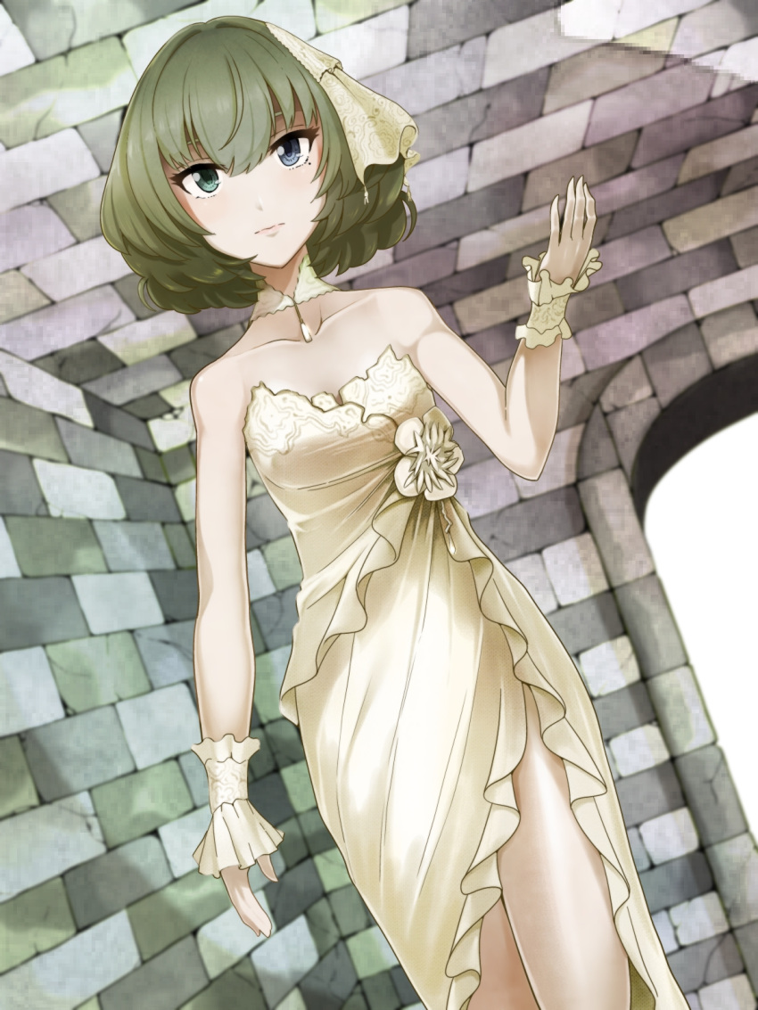 1girl blue_eyes choker collarbone dress dutch_angle green_eyes green_hair heterochromia highres idolmaster idolmaster_cinderella_girls kinpun_(fgxdw447) looking_at_viewer mole mole_under_eye short_hair side_slit sleeveless sleeveless_dress solo standing strapless strapless_dress takagaki_kaede white_dress wrist_cuffs