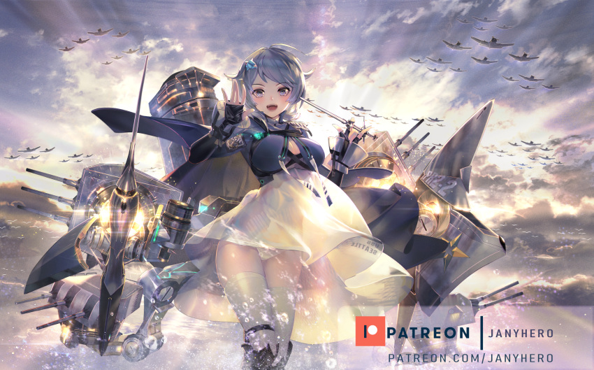 1girl aircraft airplane azur_lane bird black_gloves blue_jacket breasts cannon cleavage clouds cloudy_sky cowboy_shot dawn day dress fingerless_gloves fish_hair_ornament gloves grey_eyes hair_ornament highres jacket janyhero long_sleeves looking_at_viewer medium_breasts ocean open_mouth outdoors panties patreon_logo patreon_username rigging seagull seattle_(azur_lane) short_hair silver_hair sky smile solo sunlight thigh-highs thighs turret underwear water watermark web_address white_legwear white_panties