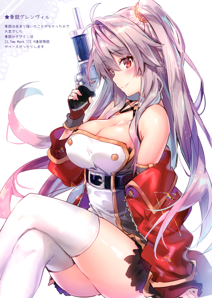 1girl absurdres ass azur_lane bare_shoulders blush breasts buttons cleavage finger_on_trigger fingerless_gloves from_side gloves grenville_(azur_lane) grin gun hair_ornament handgun highres jacket large_breasts lavender_hair legs_crossed long_hair looking_at_viewer off_shoulder one_side_up open_mouth parted_lips purple_hair red_eyes red_jacket revolver riichu scan shoes simple_background sitting smile solo teeth thigh-highs twitter_username very_long_hair weapon white_legwear