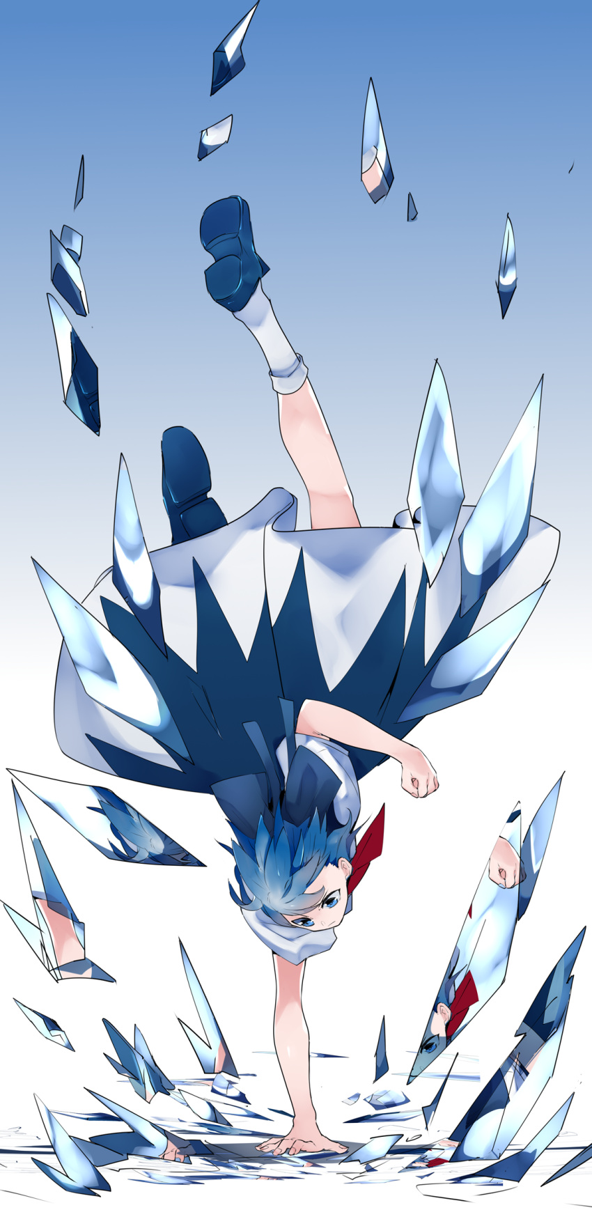 1girl arm_up blue_background blue_dress blue_eyes blue_footwear blue_hair broken_glass cirno commentary_request dress glass gradient gradient_background highres ice ice_wings ikurauni pinafore_dress red_neckwear reflection shirt shoes short_hair short_sleeves socks solo touhou upside-down white_background white_legwear white_shirt wings