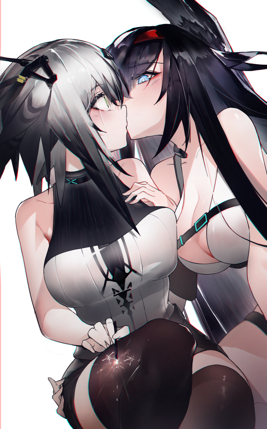 2girls absurdres animal_ears arknights bangs bare_shoulders black_hair black_legwear blaze_(arknights) blue_eyes breasts cat_ears fireworks green_eyes grey_hair greythroat_(arknights) hair_between_eyes hair_ornament hairband highres holding kiss large_breasts long_hair multiple_girls qiongniaofeiyu red_hairband shirt short_hair sparkler surprised thigh-highs yuri