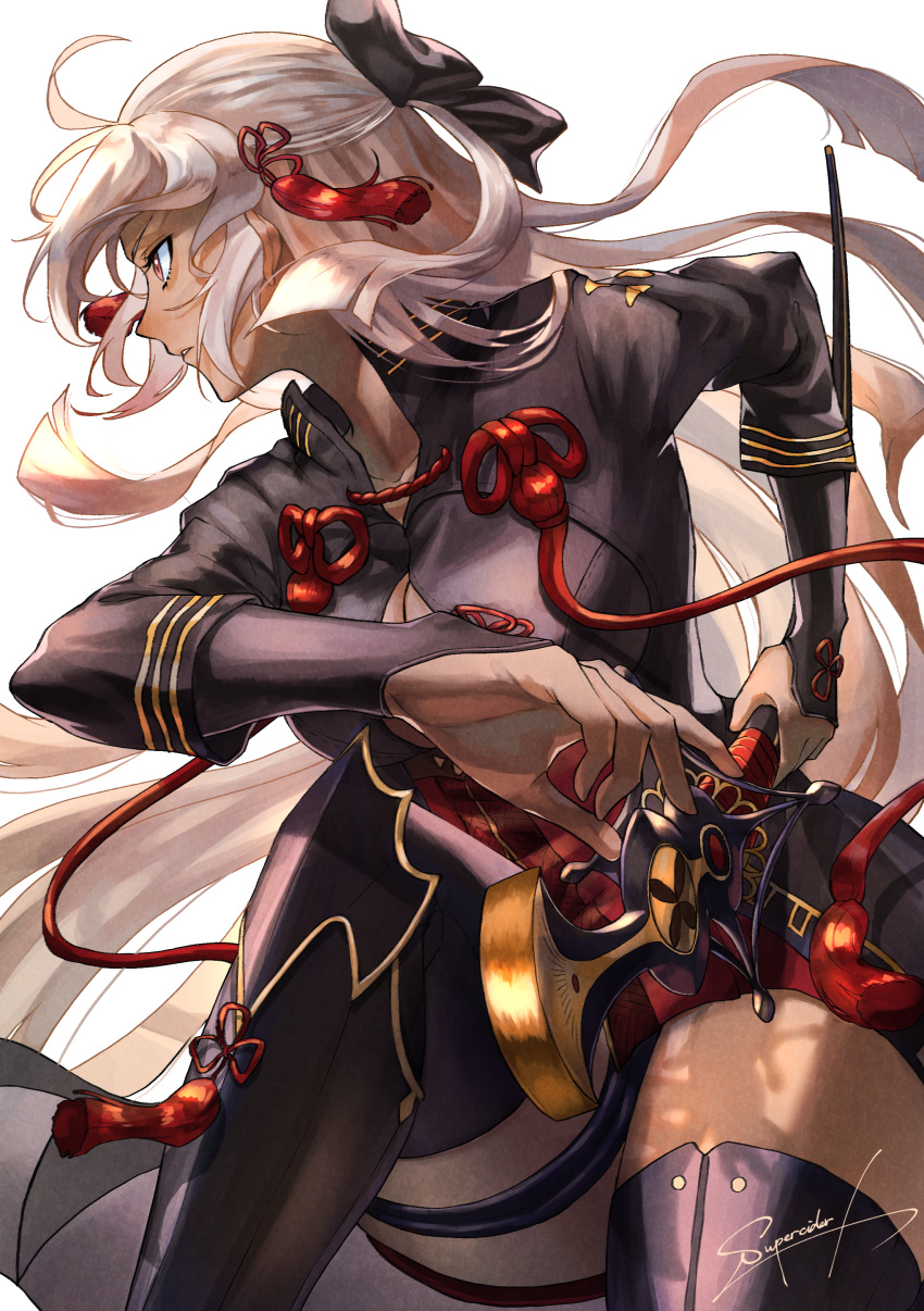 1girl absurdres arm_guards black_bow black_coat boots bow breasts cleavage cleavage_cutout commentary_request dark_skin fate/grand_order fate_(series) hair_between_eyes hair_bow high_collar highres holding holding_sword holding_weapon large_breasts long_hair okita_souji_(alter)_(fate) okita_souji_(fate)_(all) shin_guards sword tassel thigh-highs thigh_boots thigh_strap tied_hair w-moz9-w weapon white_background white_hair yellow_eyes
