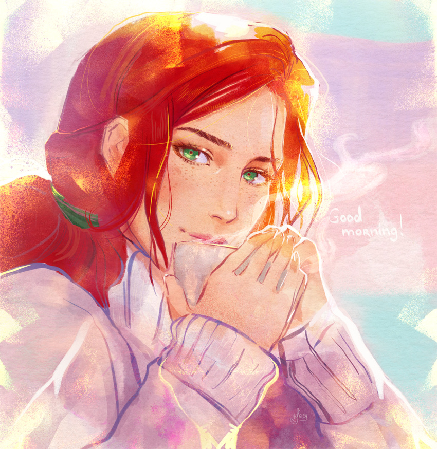 1girl comic cup freckles highres the_witcher the_witcher_3 triss_merigold wskiey