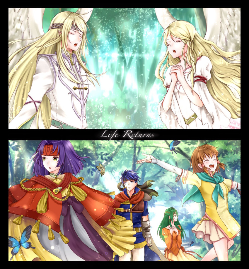 aplche armor bare_shoulders blonde_hair blue_eyes blue_hair blush brown_eyes brown_hair cape closed_mouth dress elincia_ridell_crimea fingerless_gloves fire_emblem fire_emblem:_souen_no_kiseki forest gloves green_eyes green_hair hair_between_eyes hair_ornament hair_tubes headband highres ike jewelry long_hair mist_(fire_emblem) multiple_girls nature nintendo open_mouth purple_hair robe sanaki_kirsch_altina scarf short_hair simple_background skirt smile staff wings yellow_eyes