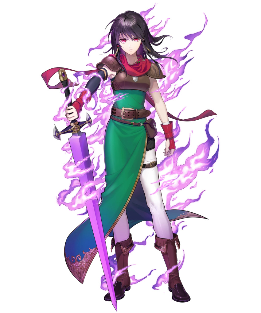 1girl armor black_hair boots breastplate earrings fire_emblem fire_emblem:_thracia_776 fire_emblem_cipher fire_emblem_heroes full_body highres jewelry mareeta_(fire_emblem) nintendo official_art pants red_eyes solo sword transparent_background weapon