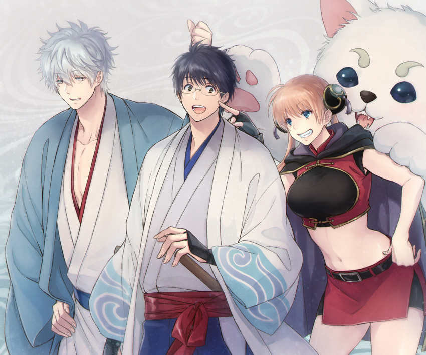 1girl 2boys :d black_gloves black_hair black_shorts blue_eyes blue_hakama breasts brown_eyes brown_hair cape crop_top da_raku dog double_bun eyebrows_visible_through_hair fingerless_gloves gintama glasses gloves grin hair_between_eyes hakama hand_on_hip haori japanese_clothes kagura_(gintama) kimono large_breasts leaning_forward long_hair midriff miniskirt multiple_boys navel open_mouth purple_cape red_skirt rimless_eyewear sadaharu sakata_gintoki shimura_shinpachi short_shorts shorts shorts_under_skirt side_slit silver_hair single_glove skirt smile stomach twintails white_kimono