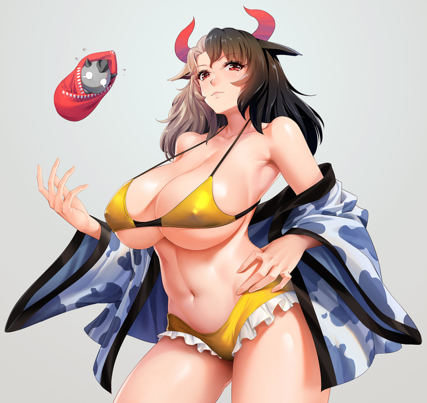 1girl animal_ears bangs bare_shoulders bikini black_hair collarbone commentary_request covered_nipples cow_ears cow_horns cowboy_shot eyebrows_visible_through_hair flying_sweatdrops grey_background grey_hair halterneck haori highres horns japanese_clothes long_hair long_sleeves looking_at_viewer multicolored_hair navel obaoba_(monkeyix) off_shoulder simple_background solo standing stomach swimsuit tears thighs touhou two-tone_hair ushizaki_urumi wide_sleeves yellow_bikini