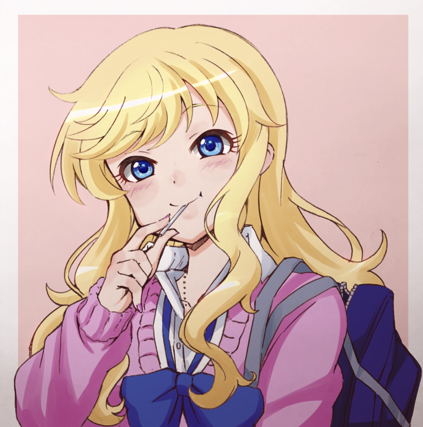 1girl artist_request bag blonde_hair blue_bag blue_bow blue_eyes blush bow candy collarbone commentary_request eyebrows_visible_through_hair food highres holding idolmaster idolmaster_cinderella_girls idolmaster_cinderella_girls_starlight_stage in_mouth lollipop long_hair long_sleeves looking_at_viewer nail_polish ootsuki_yui pink_background pink_nails shirt simple_background solo sweater two-tone_background white_shirt