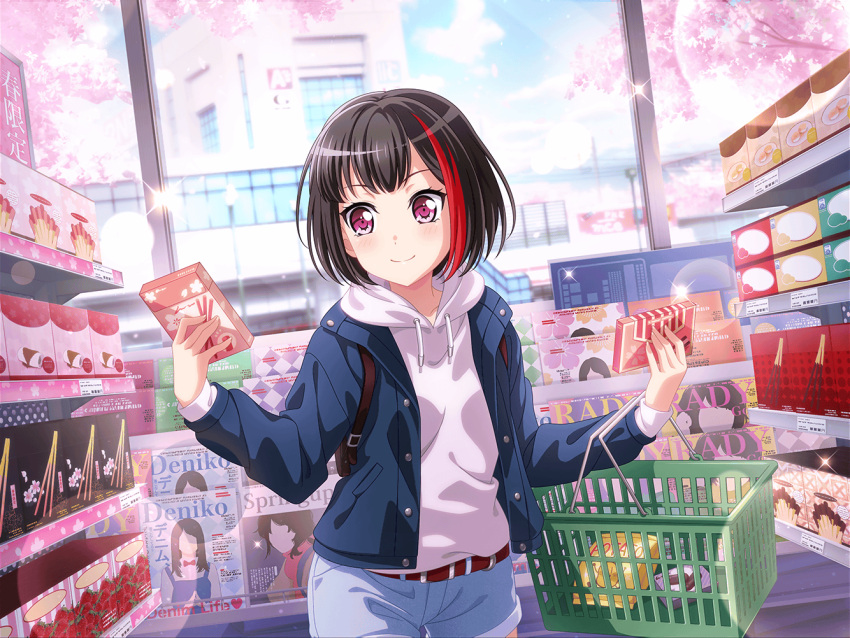 1girl bang_dream! black_hair blush building cherry_blossoms day green_eyes grocery_bag holding_box jacket mitake_ran official_art shopping short_hair smile solo