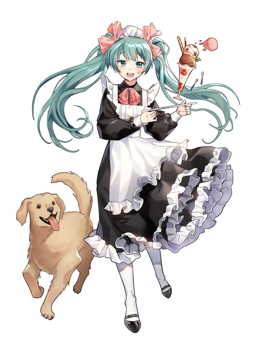 1girl :d absurdres alternate_costume apron aqua_eyes aqua_hair black_dress black_footwear black_shirt bow dog dress enmaided floating_hair food frilled_dress frills full_body hair_bow hatsune_miku highres ice_cream long_dress long_hair long_sleeves looking_at_viewer maid maid_apron maid_headdress open_mouth pink_bow pink_neckwear qltnrl9999 shiny shiny_hair shirt simple_background smile solo standing sweatdrop very_long_hair vocaloid white_apron white_background white_legwear