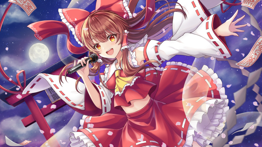 1girl :d ascot blush bow brown_hair commentary_request cowboy_shot detached_sleeves dutch_angle floating_hair frilled_ascot frilled_bow frilled_shirt_collar frills full_moon hagoromo hair_bow hair_tubes hakurei_reimu highres holding holding_microphone long_hair long_sleeves looking_at_viewer microphone midriff moon night night_sky nontraditional_miko ofuda open_mouth outdoors outstretched_arm petals petticoat piroshiki_(piroshiki13) red_bow red_shirt red_skirt ribbon-trimmed_skirt ribbon-trimmed_sleeves ribbon_trim see-through shawl shide shirt skirt skirt_set sky smile solo star_(sky) starry_sky torii touhou wide_sleeves yellow_eyes yellow_neckwear