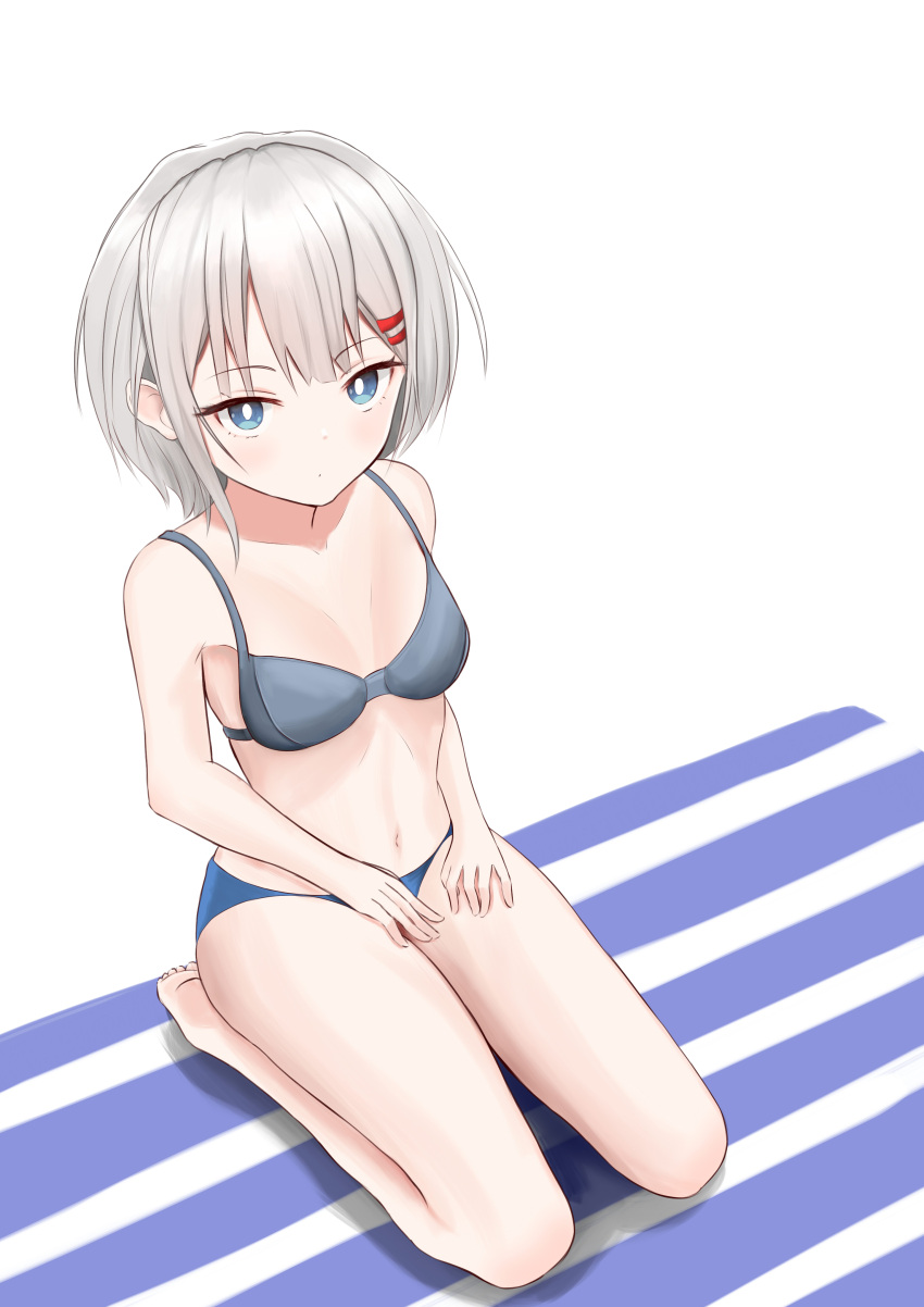 1girl absurdres bare_arms bare_shoulders barefoot blue_bra blue_eyes blue_panties bra breasts bright_pupils collarbone commentary dot_mouth dot_nose from_above hair_ornament hairclip highres laitochris looking_at_viewer medium_hair navel panties rurine_luna seiza silver_hair simple_background sitting small_breasts solo spanish_commentary stomach thighs underwear wactor_production white_background white_pupils