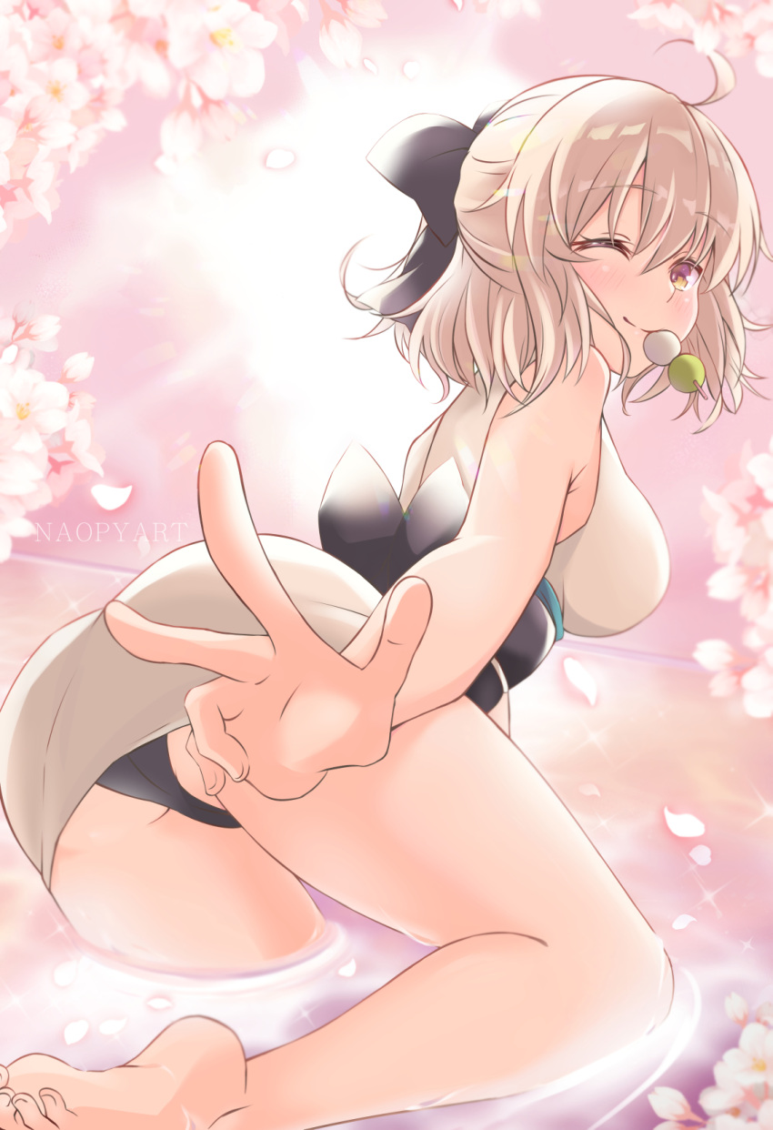 1girl ahoge artist_name ass bangs bare_shoulders barefoot black_panties black_ribbon blonde_hair blush breasts cherry_blossoms closed_mouth dango eyebrows_visible_through_hair fate/grand_order fate_(series) food from_behind hair_ribbon half_updo haori highres japanese_clothes kimono koha-ace looking_at_viewer medium_breasts mouth_hold naopy obi okita_souji_(fate) okita_souji_(fate)_(all) one_eye_closed outstretched_arm panties petals pink_background ribbon sanshoku_dango sash short_hair short_kimono sleeveless sleeveless_kimono smile soles solo thighs underwear v wading wagashi water white_kimono yellow_eyes