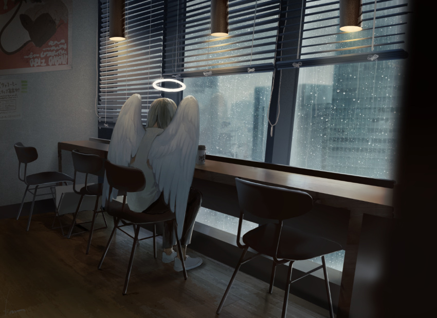 1girl angel angel_wings blinds blonde_hair cafe chair coffee_cup commentary_request cup disposable_cup feathered_wings halo indoors kaname_(emanalc) original pants poster_(object) rain shoes sitting sneakers solo water_drop white_wings window wings