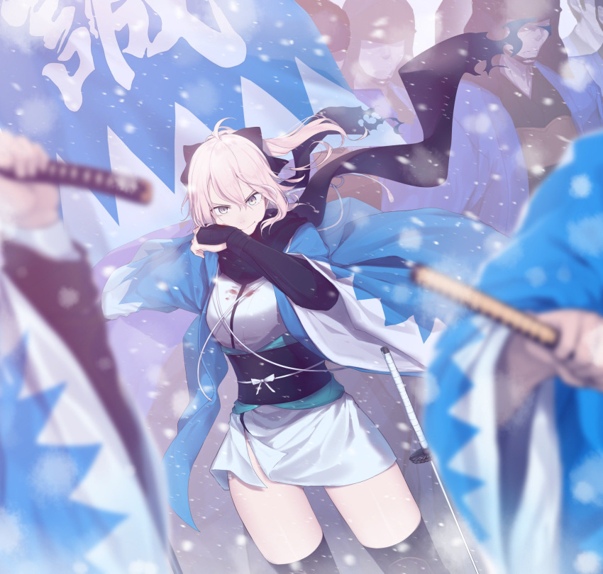 ahoge blood blood_from_mouth blurry_foreground cowboy_shot faceless faceless_male fate_(series) flag haori highres japanese_clothes katana koha-ace kurogiri obi okita_souji_(fate) okita_souji_(fate)_(all) sash scarf shinsengumi smile snow sword thigh-highs thighs weapon wide_sleeves wind wiping_face