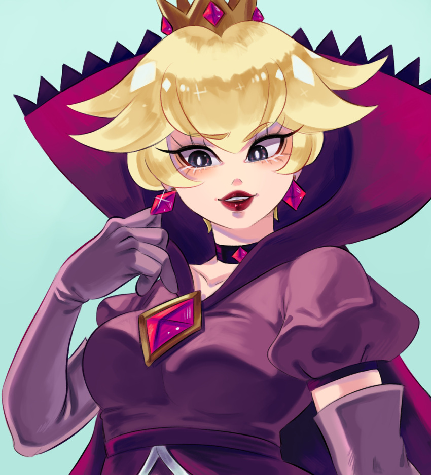 blonde_hair breasts cape crown dress earrings elbow_gloves freekaboo-art gloves high_collar highres jewelry lipstick looking_to_the_side makeup super_mario_bros. nintendo paper_mario:_the_thousand_year_door princess_peach purple_dress purple_gloves red_lipstick shadow_queen smile violet_eyes