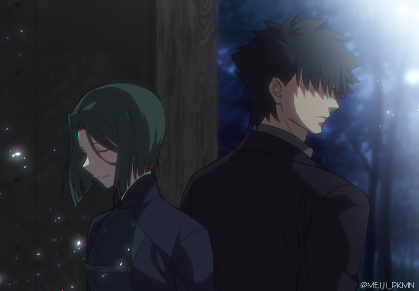 1boy 1girl back-to-back black_coat black_hair closed_eyes emiya_kiritsugu eyebrows_visible_through_hair fate/zero fate_(series) forest green_hair hair_between_eyes hair_over_one_eye hisau_maiya meiji_ken nature short_hair smile tree twitter_username upper_body