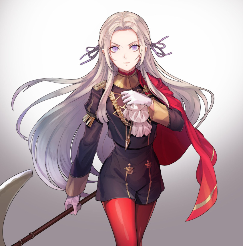 1girl axe blonde_hair blue_eyes cape cravat edelgard_von_hresvelgr_(fire_emblem) fire_emblem fire_emblem:_three_houses gloves hair_ornament highres kokouno_oyazi long_hair looking_at_viewer nintendo pantyhose red_cape ribbon simple_background smile solo uniform weapon white_background