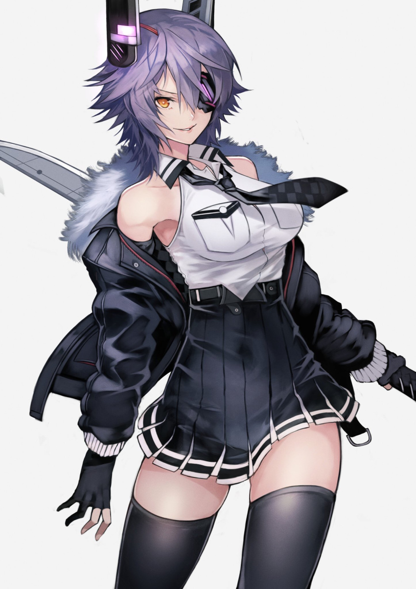 1girl 55level armpits black_gloves black_jacket black_legwear breasts checkered checkered_neckwear closed_mouth eyepatch gloves headgear highres jacket kantai_collection large_breasts long_sleeves looking_at_viewer necktie partly_fingerless_gloves purple_hair school_uniform short_hair simple_background smile sword tenryuu_(kantai_collection) thigh-highs thighs weapon white_background winter_clothes
