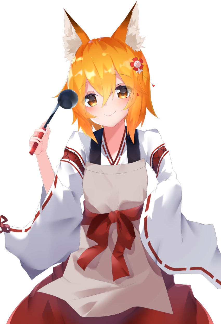 1girl animal_ear_fluff animal_ears apron bangs blush brown_apron brown_eyes closed_mouth commentary_request eyebrows_visible_through_hair flower fox_ears hair_between_eyes hair_flower hair_ornament hakama head_tilt highres holding japanese_clothes kimono ladle long_sleeves miko orange_hair red_flower red_hakama ribbon-trimmed_sleeves ribbon_trim senko_(sewayaki_kitsune_no_senko-san) sewayaki_kitsune_no_senko-san simple_background sleeves_past_fingers sleeves_past_wrists smile solo suisen-21 white_background white_kimono wide_sleeves