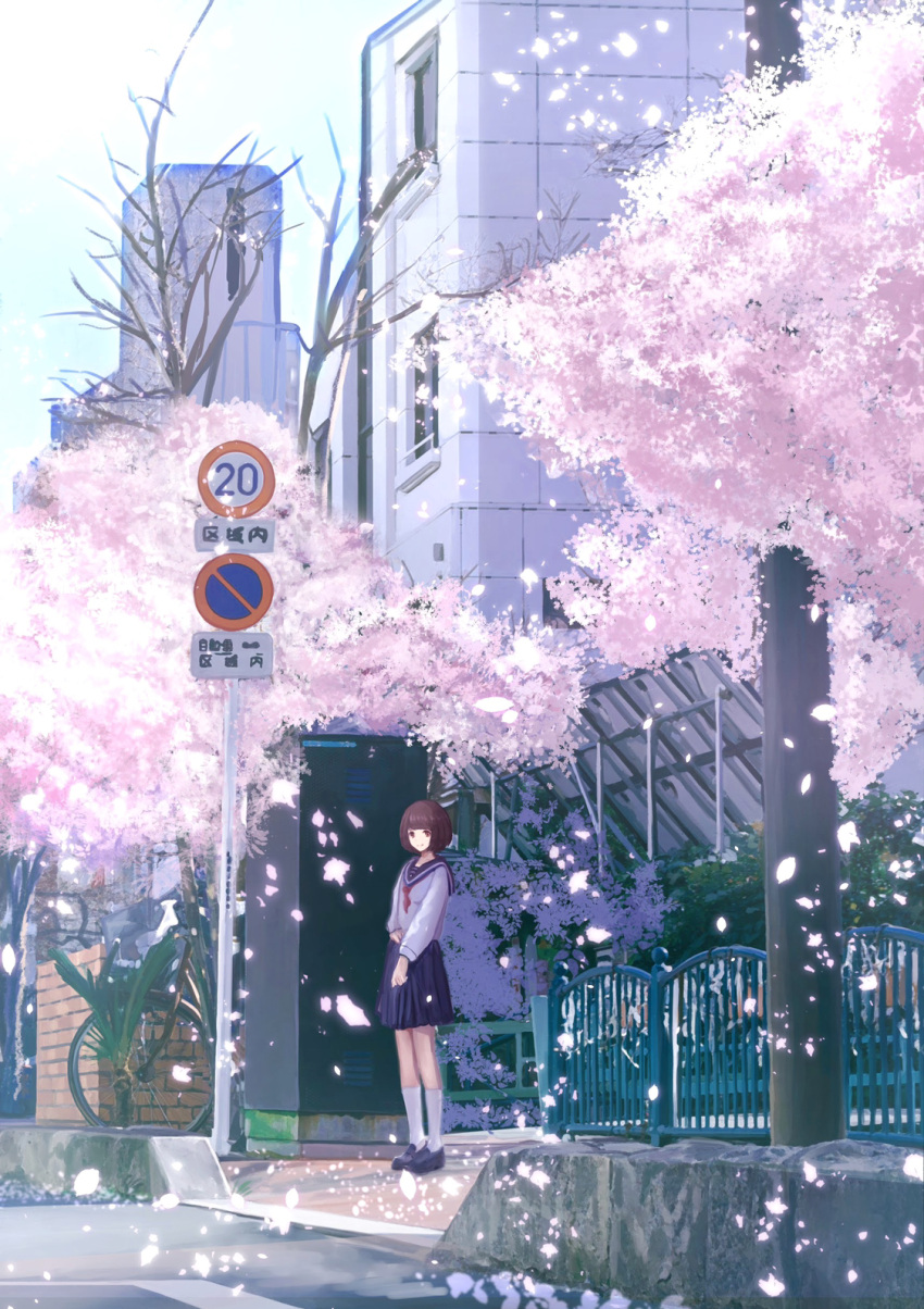 1girl bicycle blue_footwear blue_sailor_collar blue_skirt bow bowtie brown_hair building cherry_blossoms commentary_request day fence ground_vehicle highres long_hair original outdoors pleated_skirt red_eyes red_neckwear road road_sign sailor_collar scenery school_uniform serafuku shirt short_hair sign skirt smile socks solo soraciel spring_(season) standing street tree uniform white_shirt