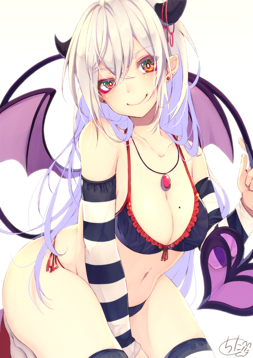 1girl bangs bare_shoulders beige_background between_legs black_bra black_panties blush bra breasts chita_(ketchup) cleavage closed_mouth commentary_request demon_girl demon_horns demon_tail demon_wings detached_sleeves earrings eyebrows_visible_through_hair front-tie_bra hair_between_eyes hand_between_legs head_tilt highres horns jewelry long_hair long_sleeves medium_breasts mole mole_on_breast navel original panties pendant purple_wings red_eyes side-tie_panties signature simple_background sitting smile solo spread_legs striped striped_legwear striped_sleeves stud_earrings tail tail_raised thigh-highs underwear v-shaped_eyebrows very_long_hair white_hair wings