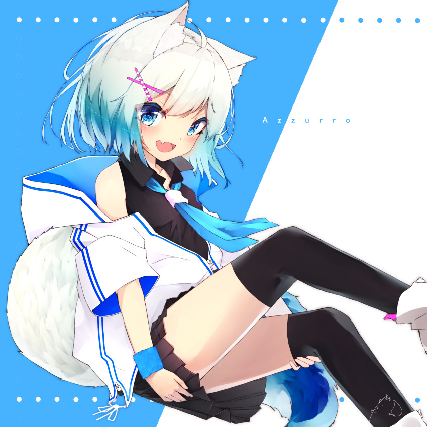 1girl :d absurdres ahoge animal_ear_fluff animal_ears bare_shoulders black_legwear black_shirt black_skirt blue_background blue_eyes blue_hair blue_neckwear blush boots collarbone collared_shirt commentary_request fang gradient_hair hair_ornament hairclip hand_on_thigh highres hood hood_down hooded_jacket jacket knees_up looking_at_viewer mayogii multicolored_hair neckerchief open_clothes open_jacket open_mouth original pleated_skirt shirt signature silver_hair skirt sleeveless sleeveless_shirt smile solo tail thigh-highs thighhighs_under_boots two-tone_background white_background white_footwear white_jacket x_hair_ornament