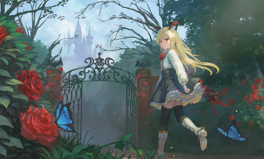 1girl animal bangs bat_wings black_legwear black_skirt blonde_hair blue_sky blush boots bug butterfly closed_mouth clouds cloudy_sky commentary_request day eyebrows_visible_through_hair flower frilled_shirt frilled_skirt frills gate granblue_fantasy hair_between_eyes head_wings high_heel_boots high_heels highres insect knee_boots long_hair long_sleeves outdoors petticoat pointy_ears puffy_long_sleeves puffy_sleeves red_eyes red_flower red_rose red_wings rose rose_bush shirt skirt sky smile solo standing standing_on_one_leg thigh-highs vampy very_long_hair wasabi60 white_footwear white_shirt wings