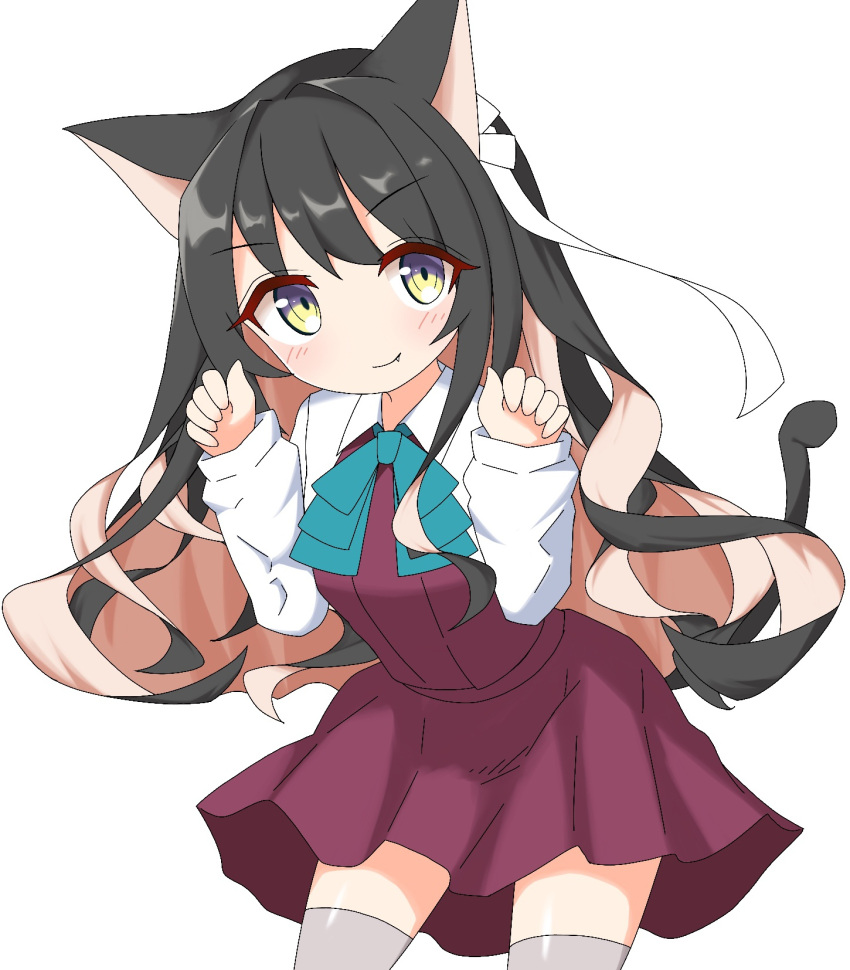 1girl animal_ears black_hair blue_bow blush bow brown_hair cat_ears cat_girl cat_tail closed_mouth collared_shirt commentary_request dress fang fang_out grey_legwear hair_ribbon highres ichi kantai_collection kemonomimi_mode long_sleeves multicolored multicolored_eyes multicolored_hair naganami_(kantai_collection) purple_dress ribbon shirt simple_background sleeveless sleeveless_dress sleeves_past_wrists smile solo tail tail_raised thigh-highs two-tone_hair violet_eyes white_background white_ribbon white_shirt yellow_eyes