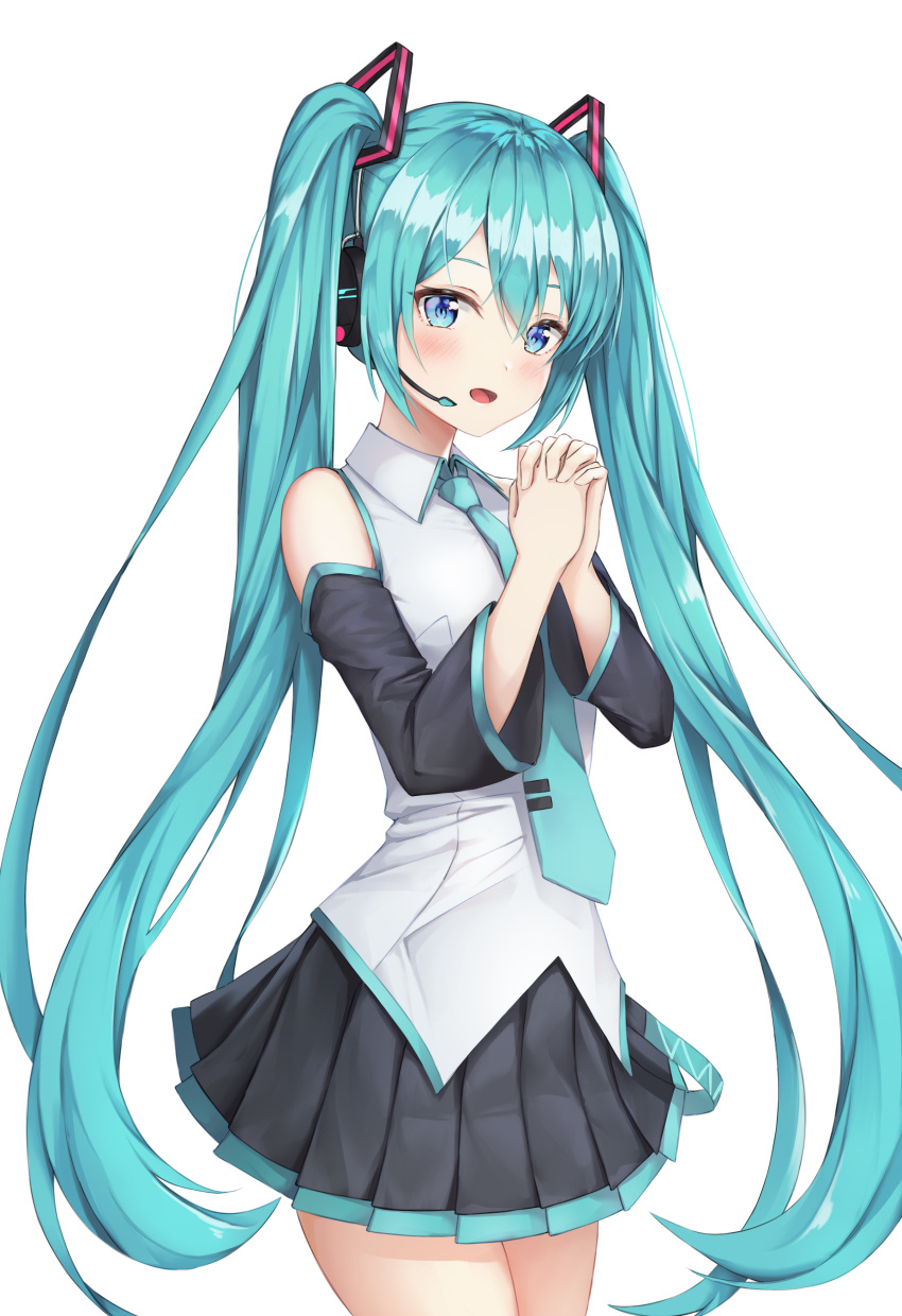 1girl :d absurdres bangs bare_shoulders black_skirt black_sleeves blue_eyes blue_hair blue_neckwear blush collared_shirt cowboy_shot detached_sleeves hair_between_eyes hands_clasped hatsune_miku headset highres kokose long_hair long_sleeves looking_at_viewer miniskirt necktie open_mouth own_hands_together pleated_skirt shirt simple_background skirt smile solo twintails very_long_hair vocaloid white_background white_shirt