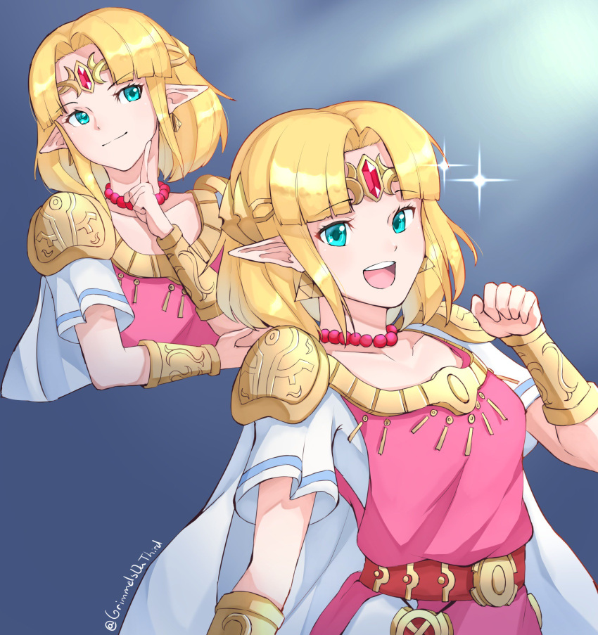 1girl absurdres alternate_hair_length alternate_hairstyle bead_necklace beads blonde_hair blue_eyes bracer cape circlet dress forehead_jewel grimmelsdathird highres jewelry necklace nintendo pointy_ears princess_zelda short_hair smile solo super_smash_bros. the_legend_of_zelda the_legend_of_zelda:_a_link_between_worlds tiara triforce tunic