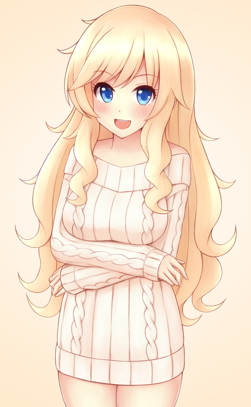 1girl bangs beige_background blonde_hair blue_eyes blush breasts commentary_request eyebrows_visible_through_hair highres idolmaster idolmaster_cinderella_girls karin260rs large_breasts long_hair looking_at_viewer ootsuki_yui open_mouth ribbed_sweater simple_background sleeves_past_wrists smile solo standing sweater upper_teeth wavy_hair