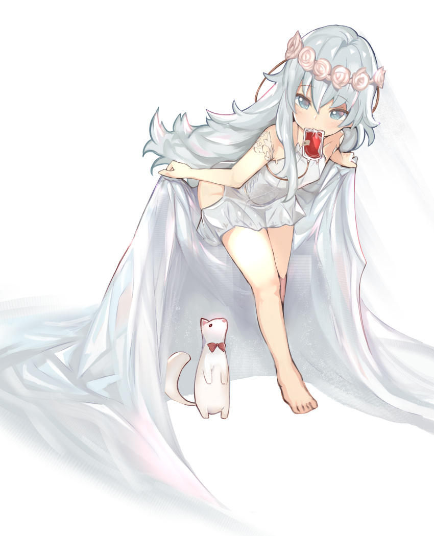 1girl absurdres ass_cutout b_b_b_b66 bangs blood blood_bag blush bow bowing bowtie cape cape_lift commentary detached_sleeves dress eyebrows_visible_through_hair ferret flower full_body girls_frontline grey_eyes head_wreath highres huge_filesize lace_sleeves long_hair mouth_hold red_bow red_neckwear ribeyrolles_1918_(girls_frontline) shadow short_dress short_sleeves solo wedding_dress white_background white_cape white_dress white_flower white_theme
