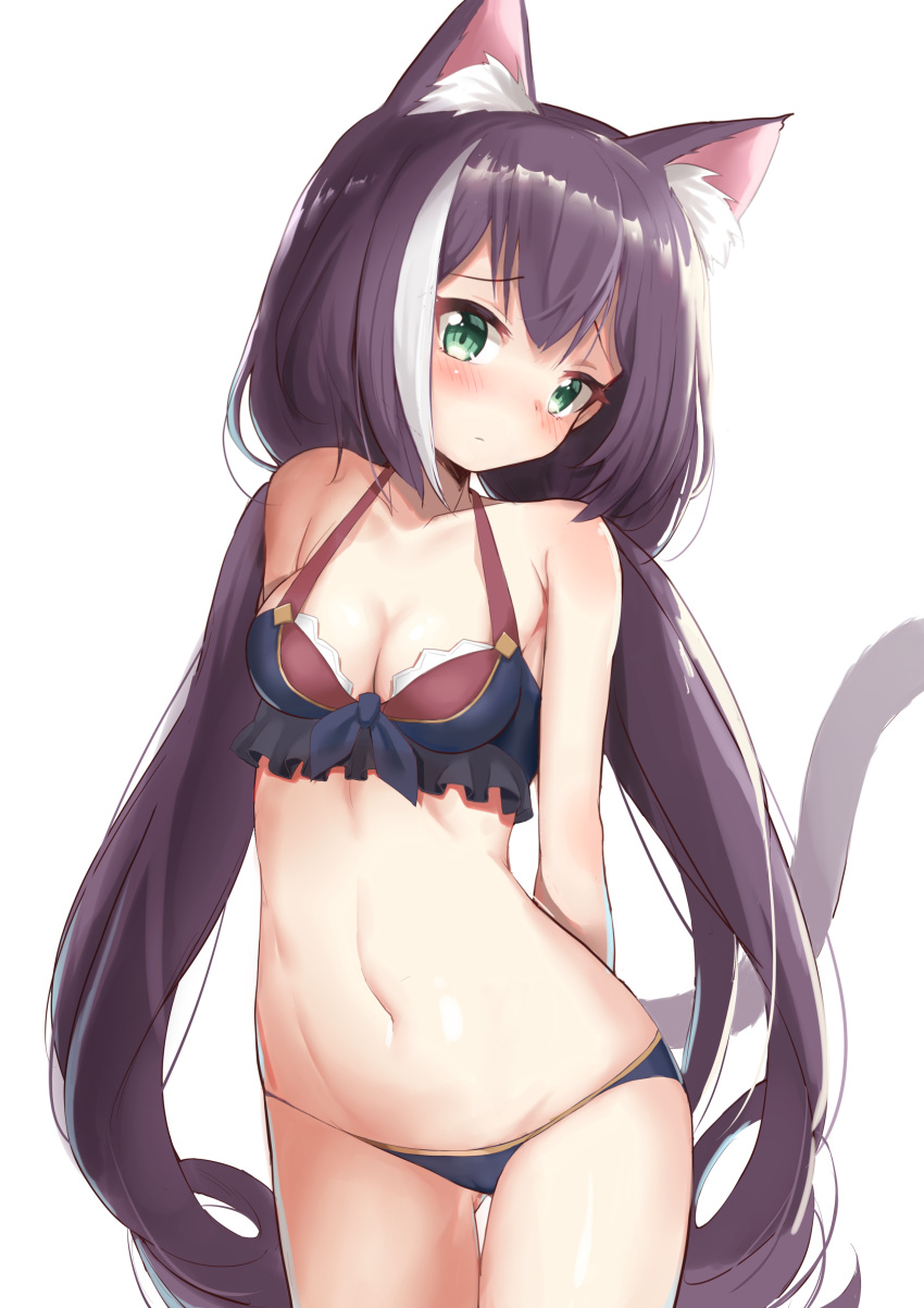 1girl absurdres animal_ear_fluff animal_ears arms_behind_back bare_shoulders bikini blue_bikini blush breasts cat_ears cat_girl cat_tail cleavage closed_mouth collarbone cowboy_shot frilled_bikini_top frills gluteal_fold green_eyes haru_(renol) head_tilt highres kyaru_(princess_connect) long_hair looking_at_viewer low_twintails medium_breasts multicolored_hair navel princess_connect!_re:dive purple_hair simple_background solo stomach streaked_hair swimsuit tail thigh_gap twintails very_long_hair white_background white_hair