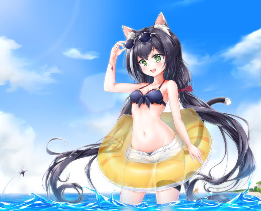 1girl :d animal_ear_fluff animal_ears arm_up armpits bangs bare_shoulders bikini bikini_under_clothes black_bikini black_hair blue_sky blush breasts cat_ears cat_girl cat_tail cleavage clouds collarbone commentary_request day eyewear_on_head green_eyes gukukimu highres innertube kyaru_(princess_connect) long_hair looking_at_viewer low_twintails multicolored_hair ocean open_clothes open_fly open_mouth open_shorts outdoors princess_connect!_re:dive short_shorts shorts sky smile solo streaked_hair sunglasses swimsuit swordfish tail thigh_strap transparent twintails upper_teeth very_long_hair wading water white-framed_eyewear white_hair